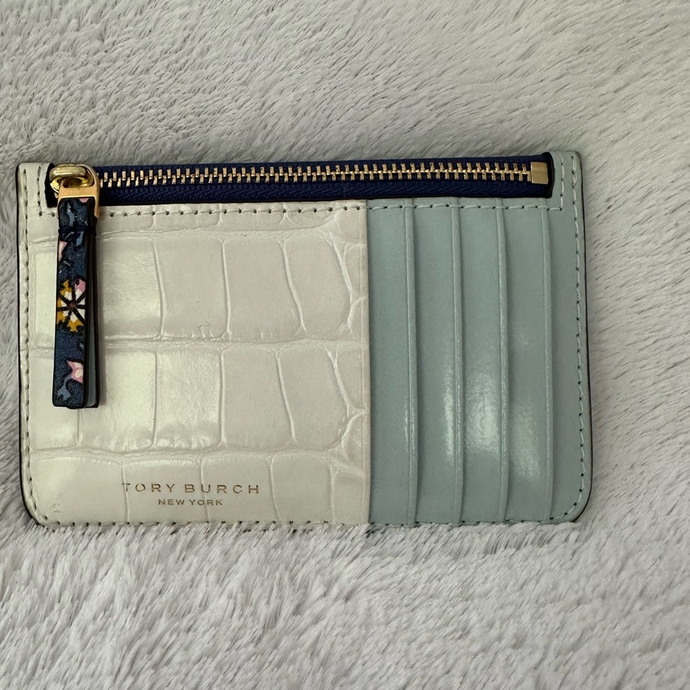 Tory Burch Colorblock Leather Card Case -Blue Wild Pansy